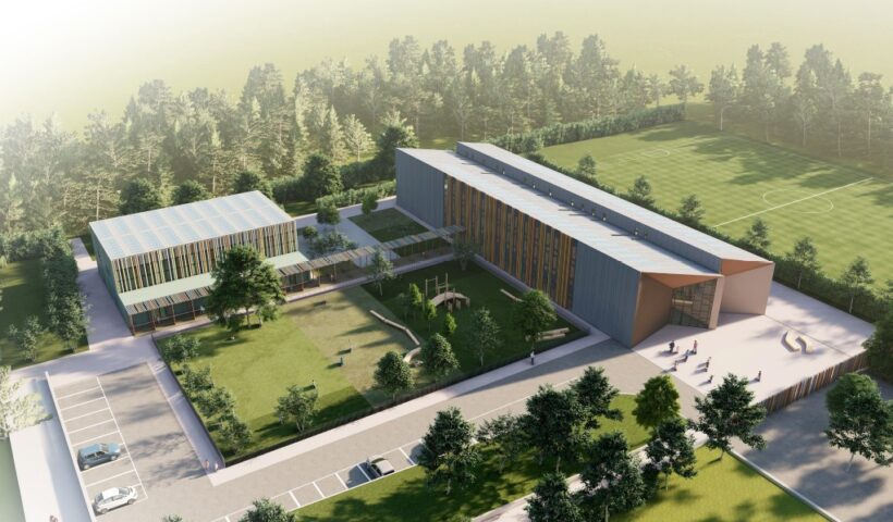 Render architettonico del nuovo plesso scolastico della scuola primaria Anna Frank a Settimello, Calenzano.