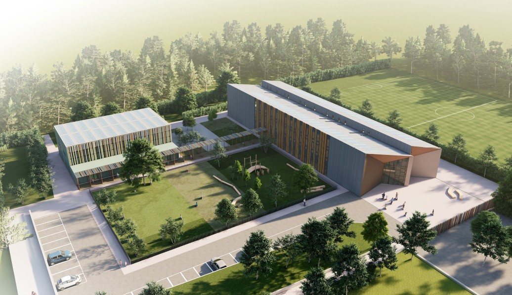 Render architettonico del nuovo plesso scolastico della scuola primaria Anna Frank a Settimello, Calenzano.